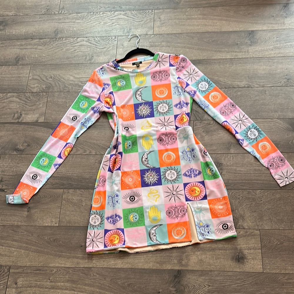 AFRM Blue and Orange Sheath Mini Dress Long Sleeve Crew Neck Casual